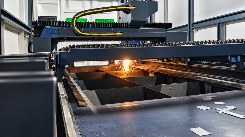 Sparks fly from the laser cutting head above the machine bed, with small cut metal parts resting on the table in the foreground